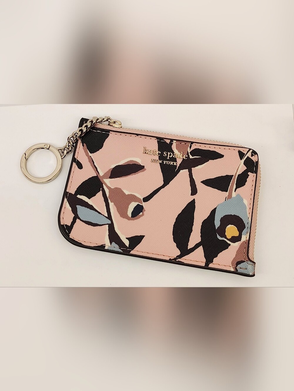 Kate Spade pink floral zip card Coin Case w/ key ring